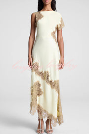 Paris Dream Satin Lace Trim Irregular Design Drape Maxi Dress