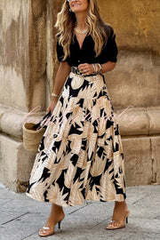 Resort Style Botanical Print Elastic Waist Loose Stitching Midi Skirt