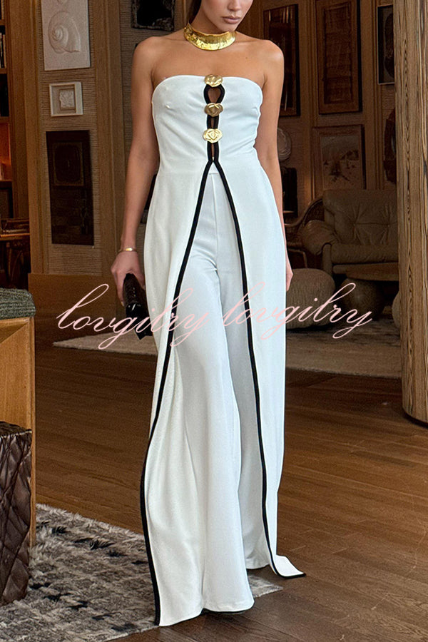Fashionable Contrast Color Off-shoulder Metal Decoration Casual Elegant Jumpsuit
