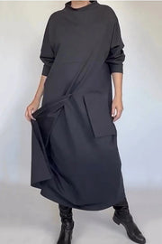 Solid Color Loose Long Sleeve Large Pocket Casual Maxi Dress