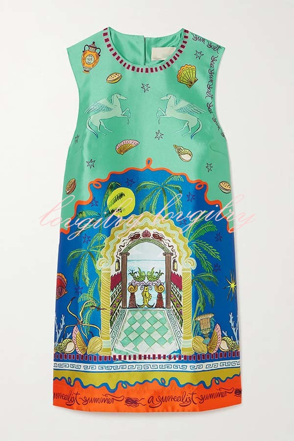 Natural Beauty Satin Unique Print Sleeveless H-line Mini Dress