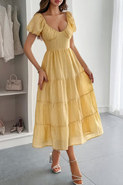 Solid Color V-neck Puff Sleeve Casual Holiday Style Midi Dress