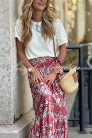 Resort Style Unique Print Pleated Elastic Waist Maxi Skirt