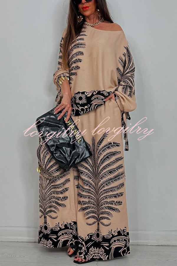 Unique Print Loose Drawstring Long Sleeve Top and Elastic Waist Casual Pocket Wide Leg Pants Set