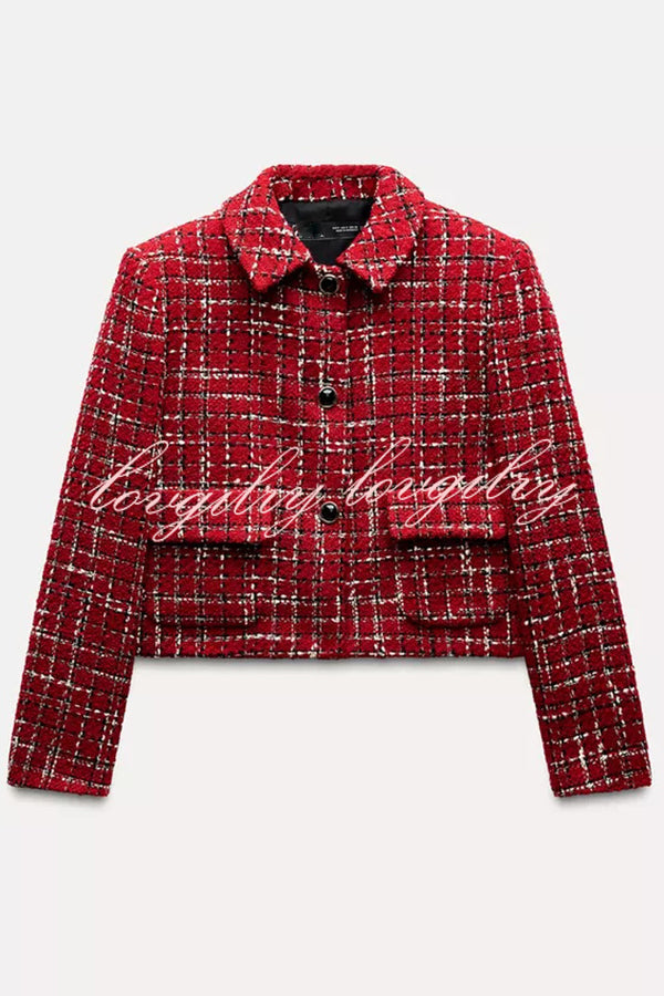 Tweed Plaid Textured Long-sleeved Casual Pocket Jacket