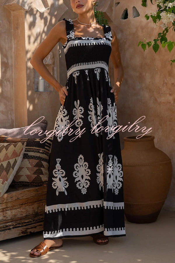 National Boho Style Unique Print Smocked Bust Wide Strap Pocket Maxi Dress