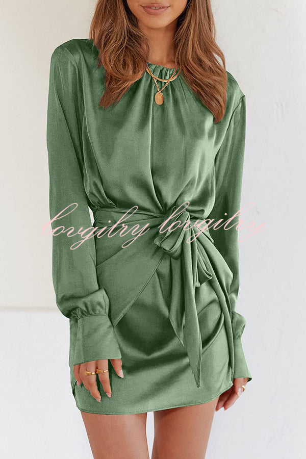 Satin Round Neck Long Sleeve Elastic Tie Mini Dress