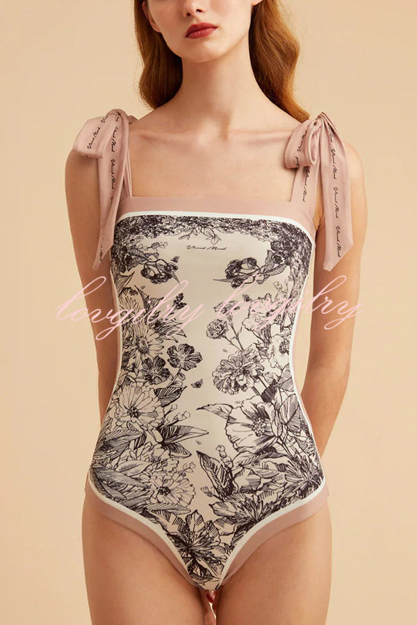 Sherry Vintage Style Floral Printed Reversible Tie Shoulder Stretch One-piece Swimsuit