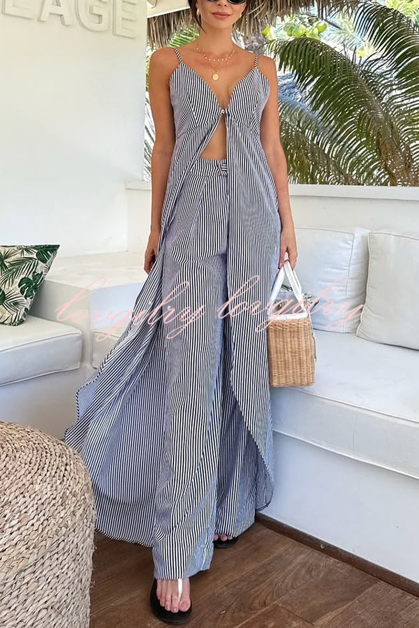 Striped Print Sleeveless Long Casual Top and Loose Straight Pants Set