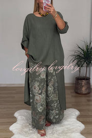 Linen Blend Crew Neck Long Sleeve Irregular Loose Top and Elastic Waist Floral Print Casual Pocket Set