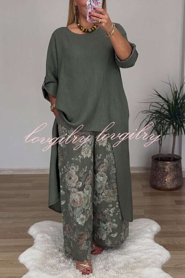 Linen Blend Crew Neck Long Sleeve Irregular Loose Top and Elastic Waist Floral Print Casual Pocket Set