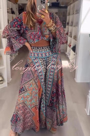 Unique Boho Ethnic Print Balloon Sleeve Crop Top and Elastic Waist Wide-leg Pants Set