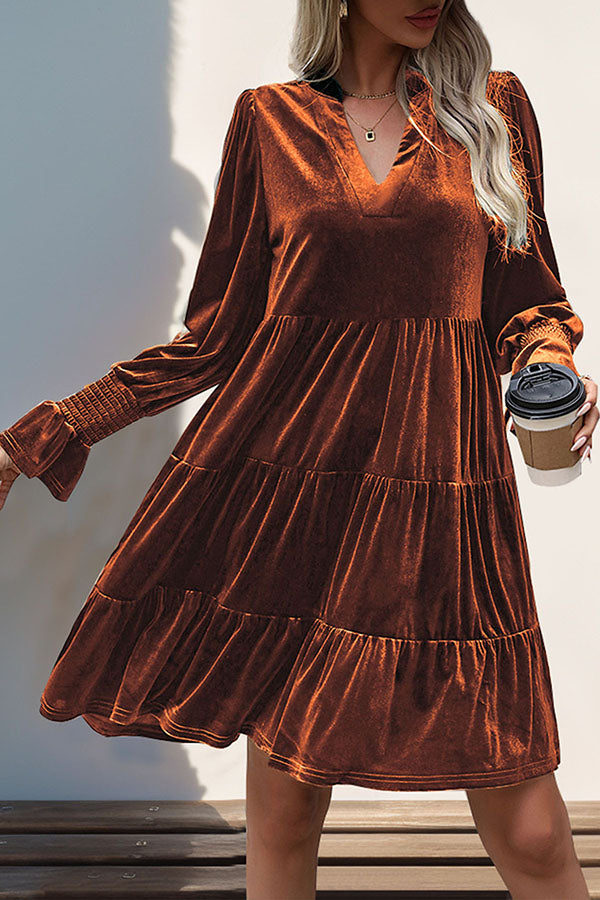 Solid Color Velvet V-Neck Long Sleeve Elegant Loose Mini Dress