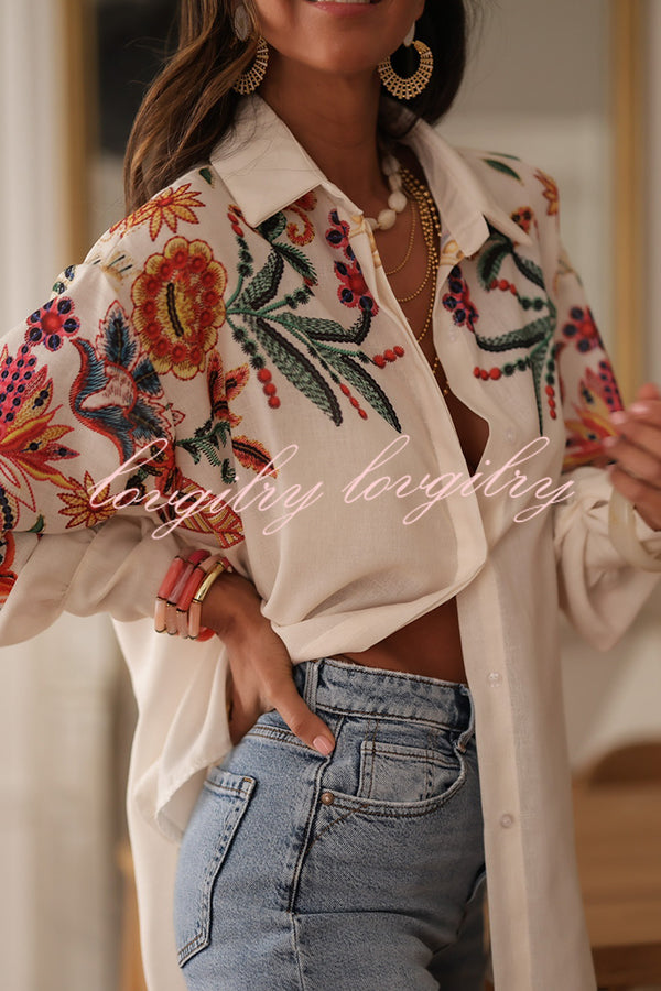 Botanical Print Loose Lapel Long Sleeve Casual Shirt