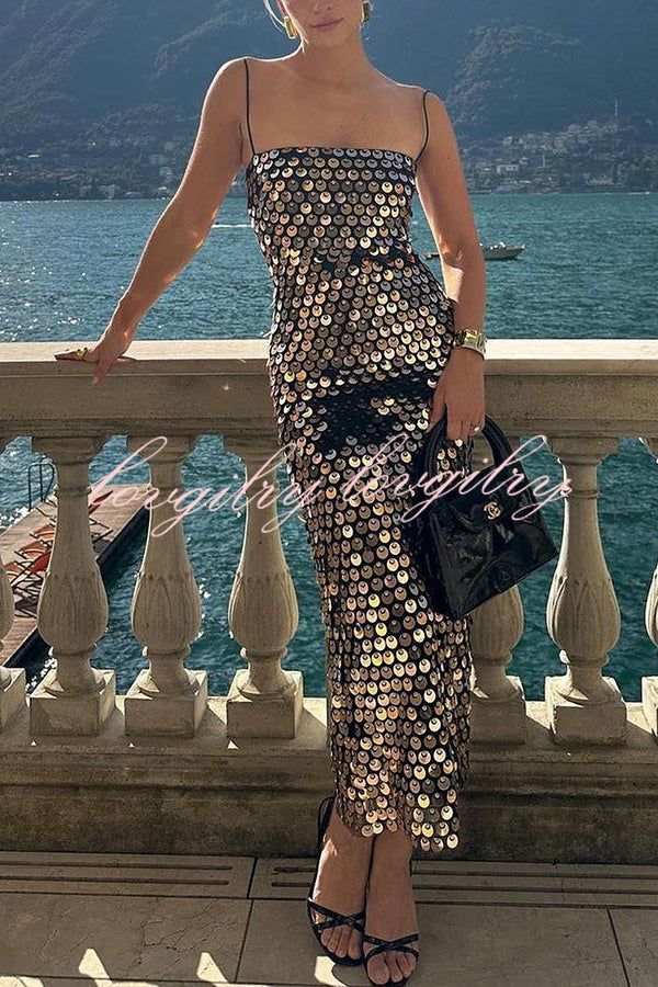 Glamour Glow Sequin Spaghetti Strap Birthday Party Midi Dresses