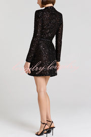 Edie Sequin High Neck Long Sleeve Satin Bow Belted Tulip Mini Dress