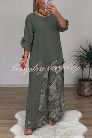 Linen Blend Crew Neck Long Sleeve Irregular Loose Top and Elastic Waist Floral Print Casual Pocket Set