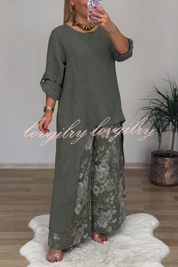 Linen Blend Crew Neck Long Sleeve Irregular Loose Top and Elastic Waist Floral Print Casual Pocket Set