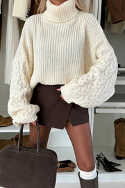 Stylish and Comfortable Ribbed Knit Turtleneck Cable Sleeve Loose Sweater