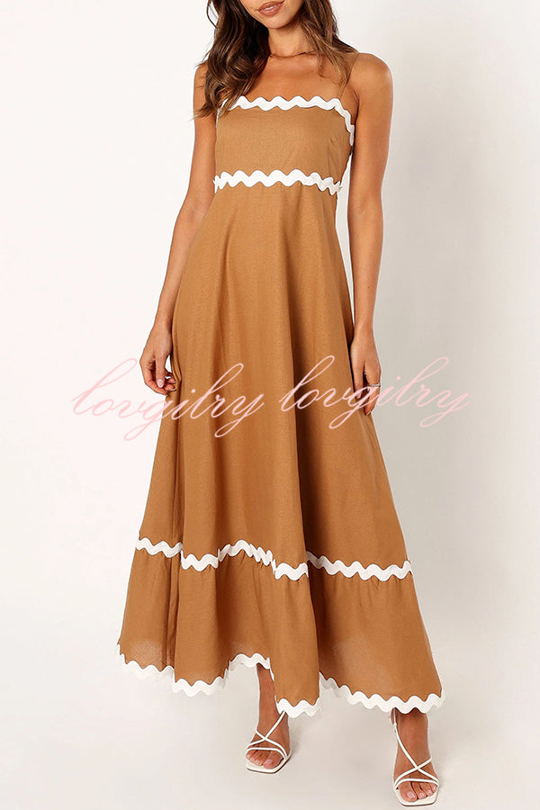 Bayside Beauty Wave Trim Patchwork Back Smocked Suspender Maxi Dress