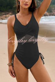 Solid Color Drawstring Waist Mesh One-Piece Bikini Swimsuit