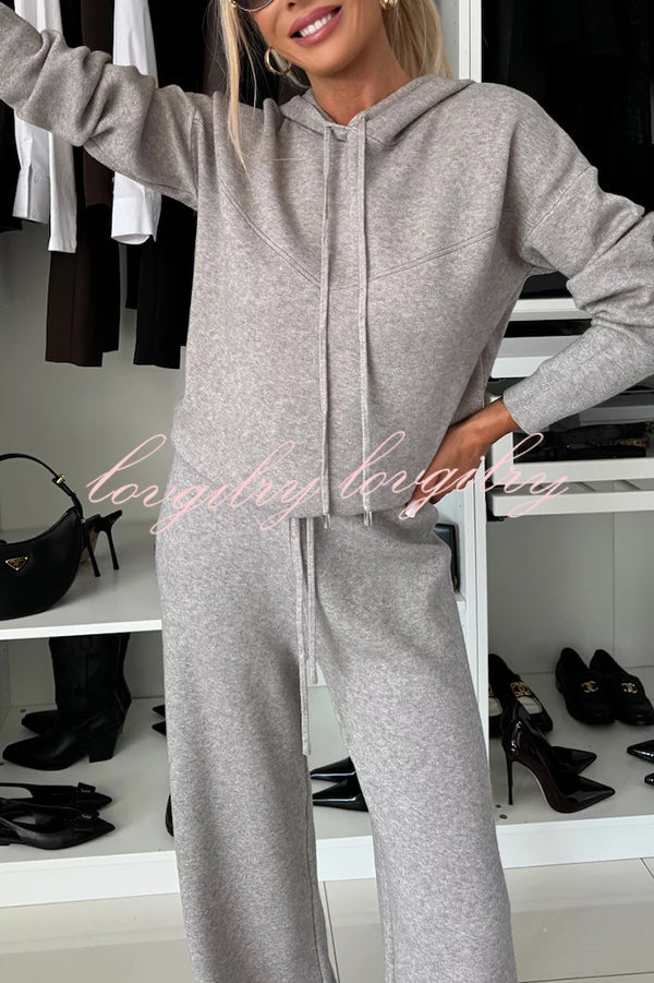 Solid Color Loose Hooded Tie Sweatshirt and Elastic Waist Casual Straight Pants Set