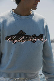 Fashionable Fish Pattern Round Neck Loose Knitted Sweater