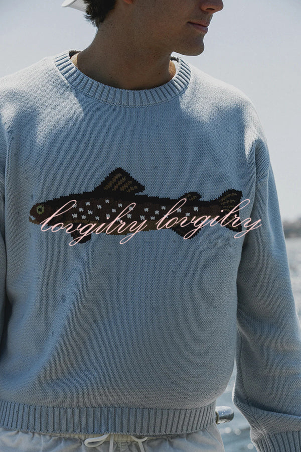 Fashionable Fish Pattern Round Neck Loose Knitted Sweater