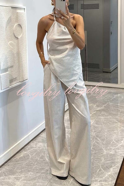 Moriah Striped Thin Strap Halter Neck Scarf Top and Pocketed Wide Leg Pants Set