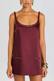 Taste Red Wine Satin Gemstone Trim Round Neck Slip H-line Mini Dress