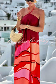 Vacay Happy Hour Print Halter Backless A-line Maxi Dress