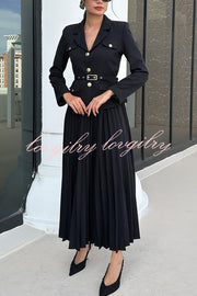 Solid Color Lapel Button Belt Blazer and Pleated Casual Maxi Skirt Set