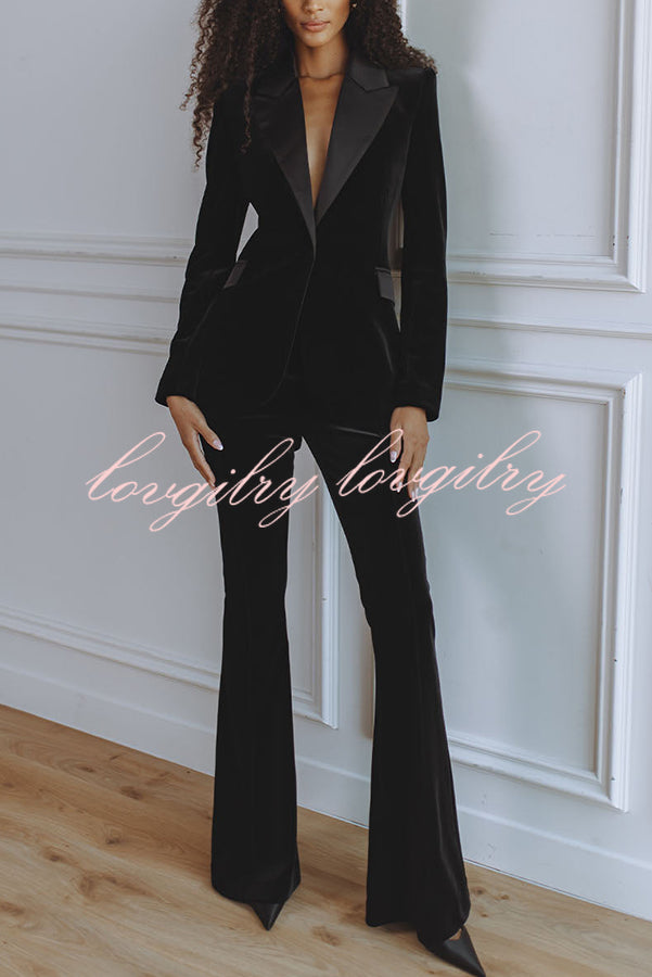 Delicate Daze Velvet Satin Lapel Button Up Long Sleeve Tapered Waist Blazer