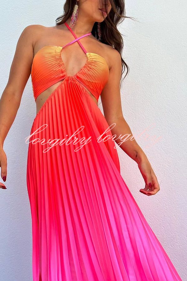 Get Ready Beautiful Gradient Print Cutout Halterneck Pleated Maxi Dress