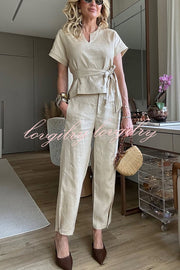 Emory Linen Blend Tie-up Short Sleeve Top and Elastic Waist Pocket Button Hem Pants Set