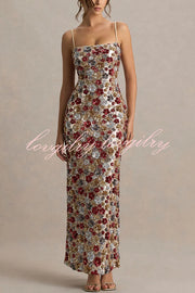 The Center of Attention Floral Print Sequin Square Neck Slip Stretch Maxi Dress