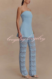 Trena Crochet Knit Hollow Mid Rise Stretch Wide Leg Pants