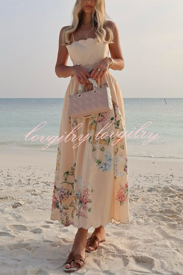 Cabo Sunsets Floral Print Petal Trim Back Lace-up Midi Dress