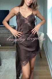 Elouise Satin Lace Trim V-neck Asymmetrical Hem Slip Mini Dress