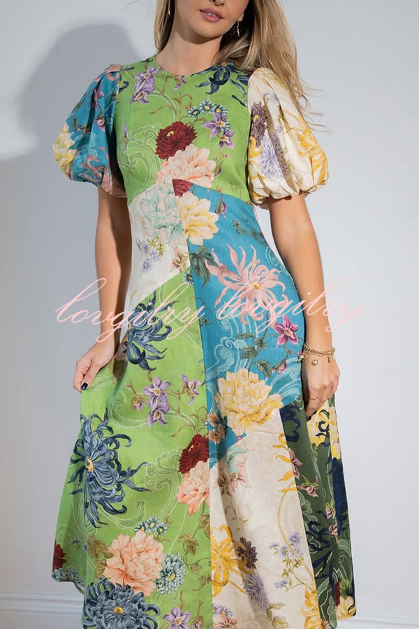 Floral Print Round Neck Puff Sleeve Casual Midi Dress