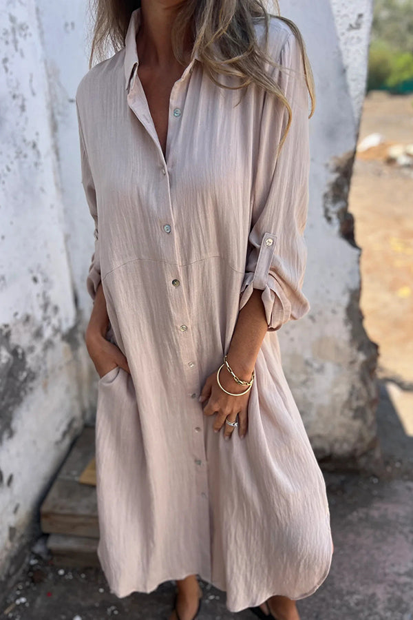 Linen Blend Solid Long-sleeved Single-breasted Pockets Loose Midi Dress