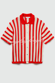 Fashionable Red and White Contrast Lapel Short-sleeved Knitted Top