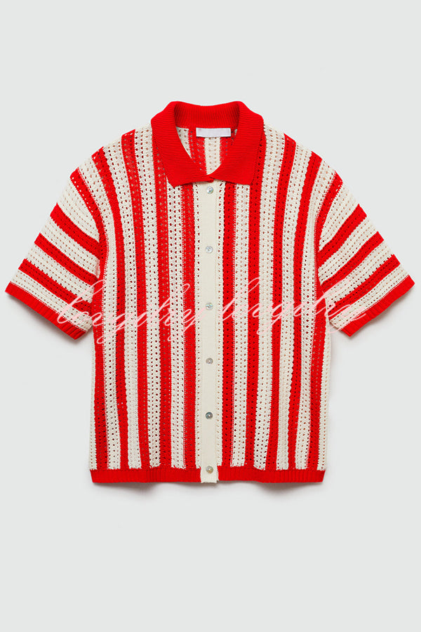 Fashionable Red and White Contrast Lapel Short-sleeved Knitted Top
