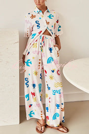 Summer Beach Element Printed Button Lace Up Pocket Pants Suit