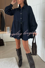 Fashion Heart Button Long Sleeve Casual Pocket Denim Mini Dress