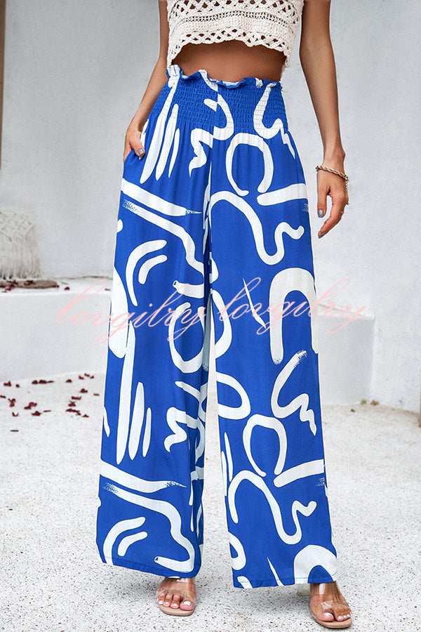 Uniquely Printed Ruffled Elastic Waist Pocket Pleated Wide Leg Pants