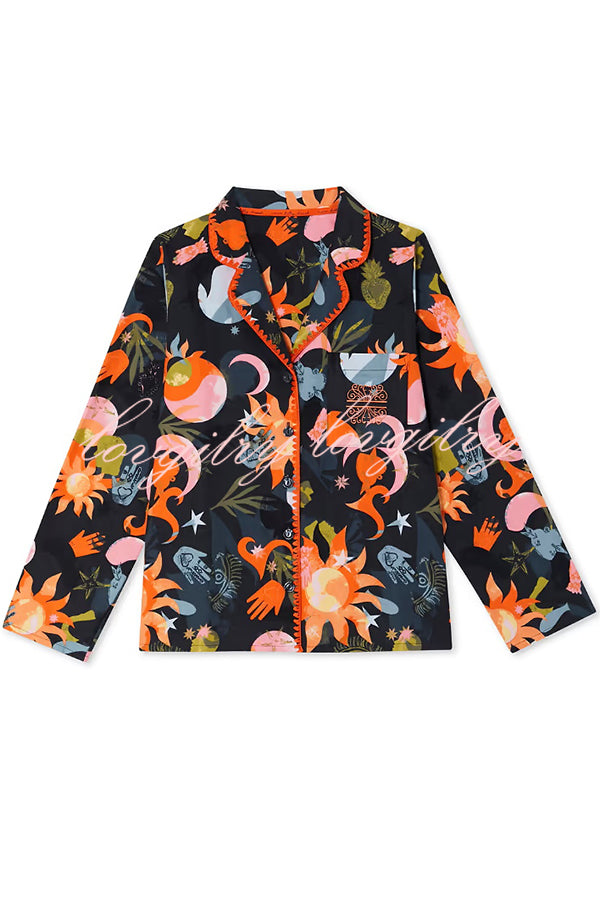 Evening Routine Unique Print Color-block Trim Loose Shirt and Elastic Waist Pocketed Pajama Set