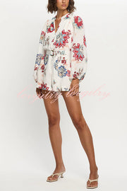 Floral Print Elegant Long Sleeve Waist Tie Casual Rompers