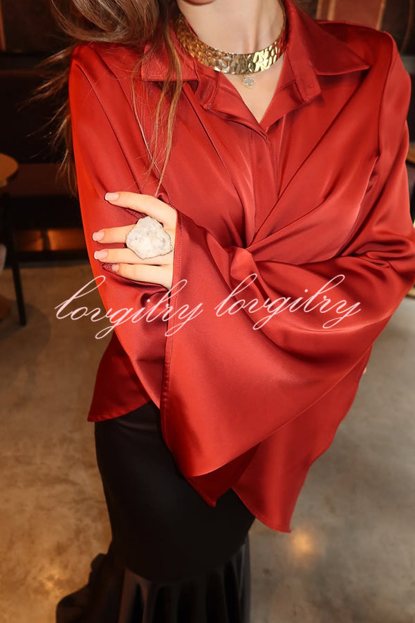 Jenny Satin Button Front Center Cross Straps Long Bell Sleeve Shirt