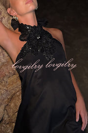 Floral Embellished Satin Halterneck Backless Resort Maxi Dress